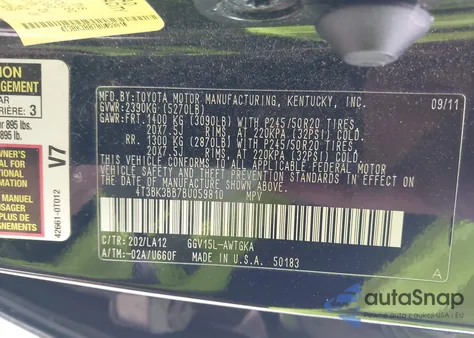 2011 Toyota Venza Base V6 z USA, uszkodzony, nr VIN 4T3BK3BB7BU059810